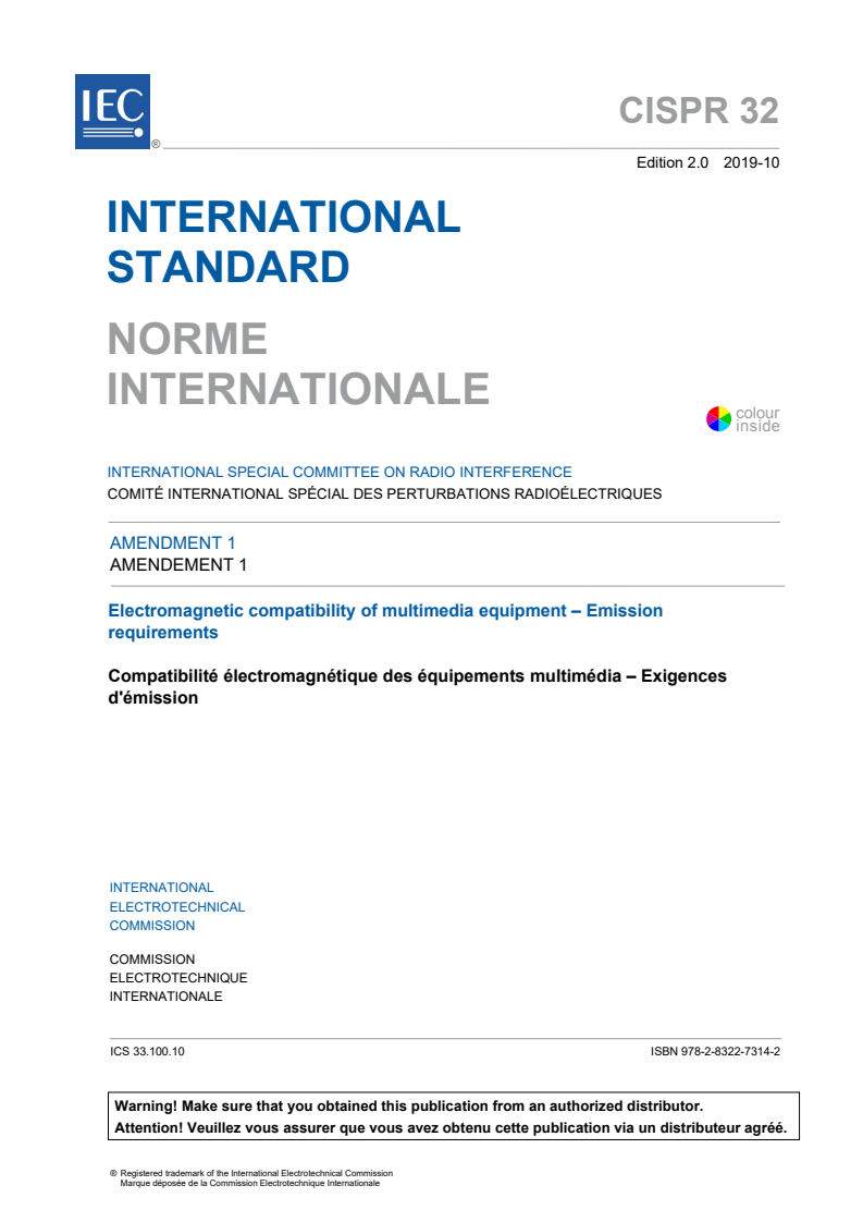 CISPR 32:2015/AMD1:2019 CISPR 32:2015/AMD1:2019 - Amendment 1 - Electromagnetic compatibility of multimedia equipment - Emission requirements
Released:10/1/2019 - Page 3 preview