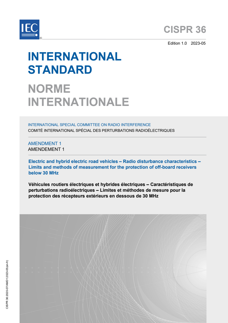 CISPR 36:2020/AMD1:2023 CISPR 36:2020/AMD1:2023 - Amendment 1 - Electric and hybrid electric road vehicles - Radio disturbance characteristics - Limits and methods of measurement for the protection of off-board receivers below 30 MHz
Released:5/17/2023 - Page 1 preview
