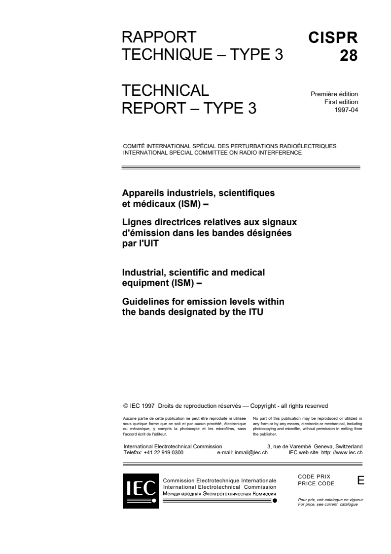 CISPR TR 28:1997 CISPR TR 28:1997 - Industrial, scientific and medical equipment (ISM) - Guidelines for emission levels within the bands designated by the ITU - Page 3 preview