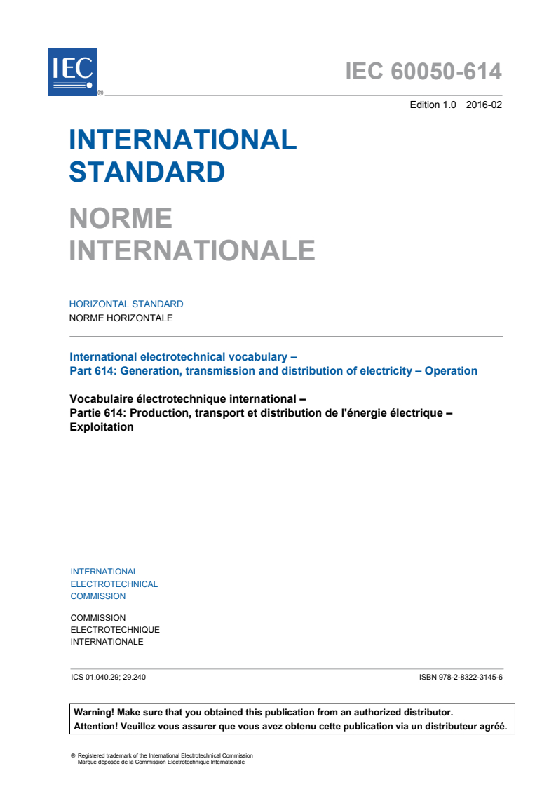SIST IEC 60050-614:2023 IEC 60050-614:2016 - International Electrotechnical Vocabulary (IEV) - Part 614: Generation, transmission and distribution of electricity - Operation
Released:2/2/2016 - Page 3 preview