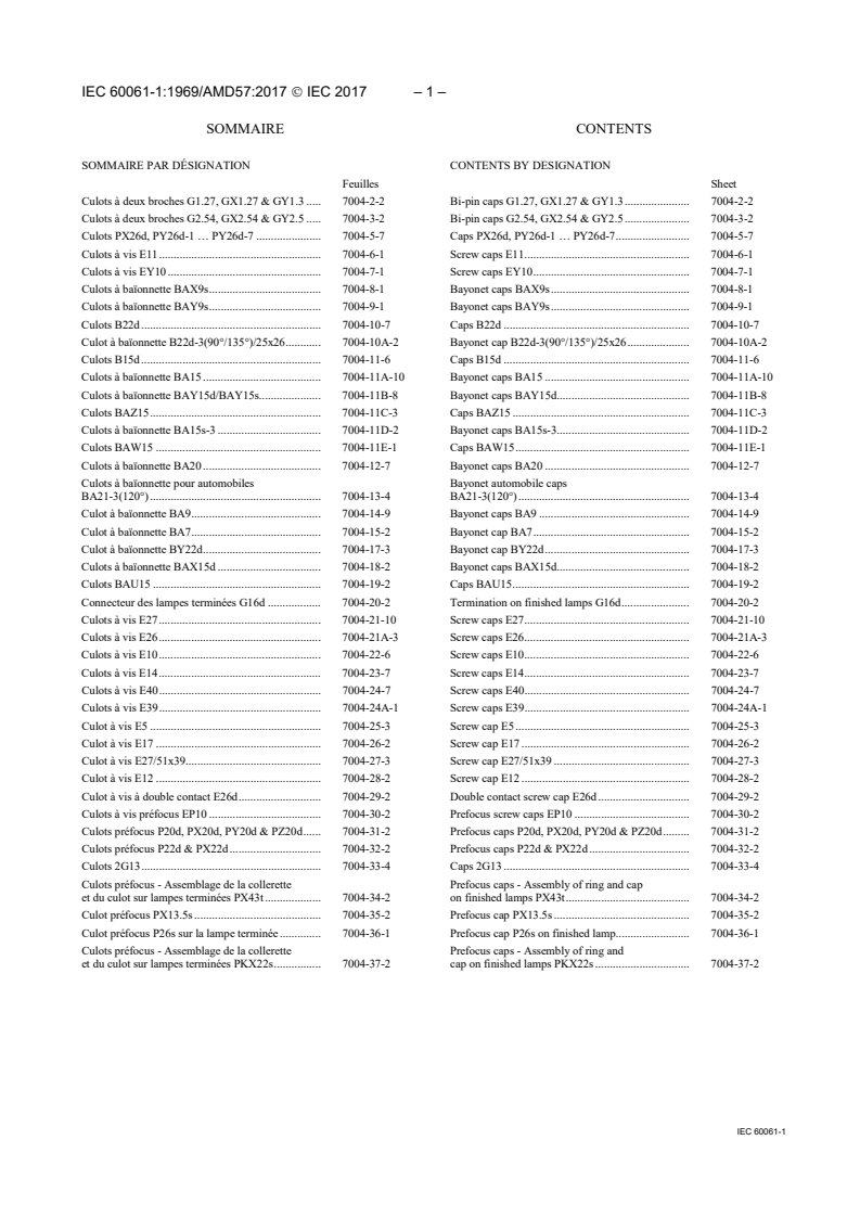 IEC 60061-1:1969/AMD57:2017 IEC 60061-1:1969/AMD57:2017 - Amendment 57 - Lamp caps and holders together with gauges for the control of interchangeability and safety - Part 1: Lamps Caps
Released:12/15/2017 - Page 3 preview