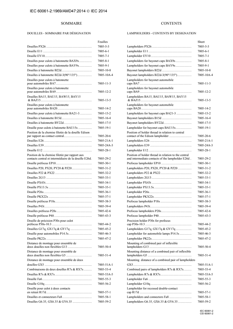 IEC 60061-2:1969/AMD47:2014 IEC 60061-2:1969/AMD47:2014 - Amendment 47 - Lamp caps and holders together with gauges for the control of interchangeability and safety - Part 2: Lampholders
Released:2/19/2014 - Page 4 preview