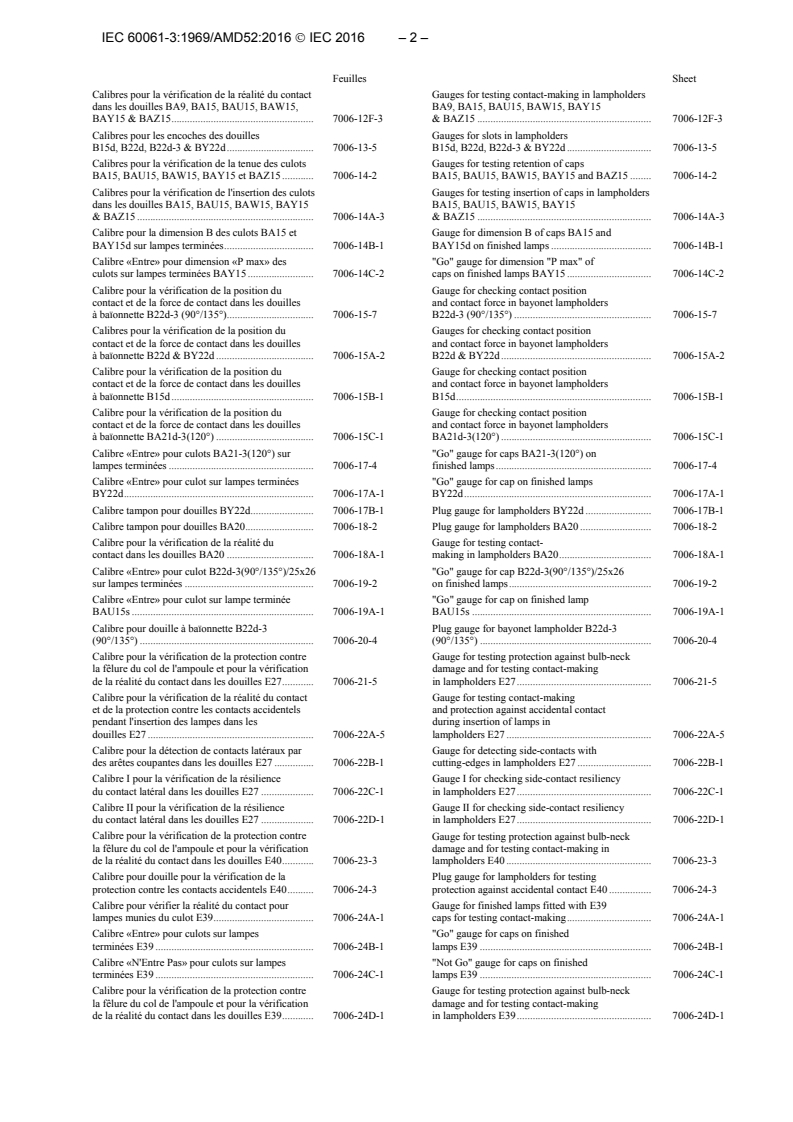 IEC 60061-3:1969/AMD52:2016 IEC 60061-3:1969/AMD52:2016 - Amendment 52 - Lamp caps and holders together with gauges for the control of interchangeability and safety - Part 3: Gauges
Released:5/30/2016 - Page 4 preview