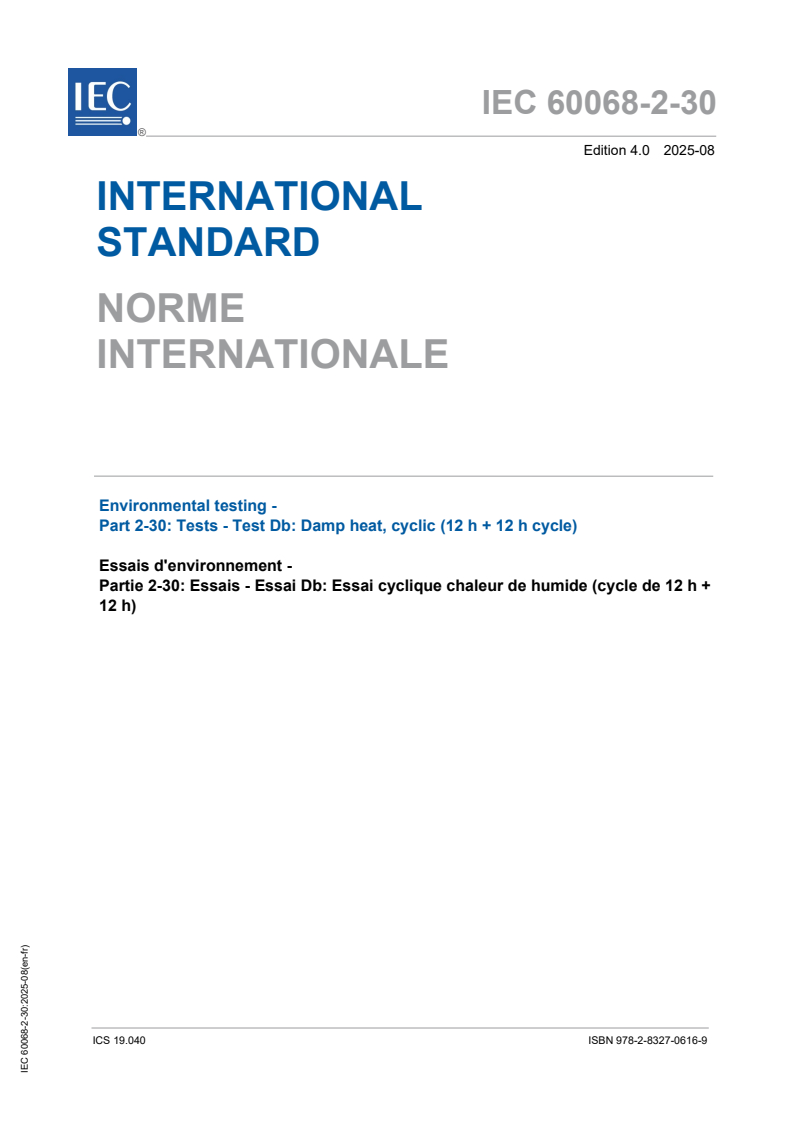 IEC 60068-2-30:2025 IEC 60068-2-30:2025 - Environmental testing - Part 2-30: Tests - Test Db: Damp heat, cyclic (12 h + 12 h cycle)
Released:7. 08. 2025
Isbn:9782832706169