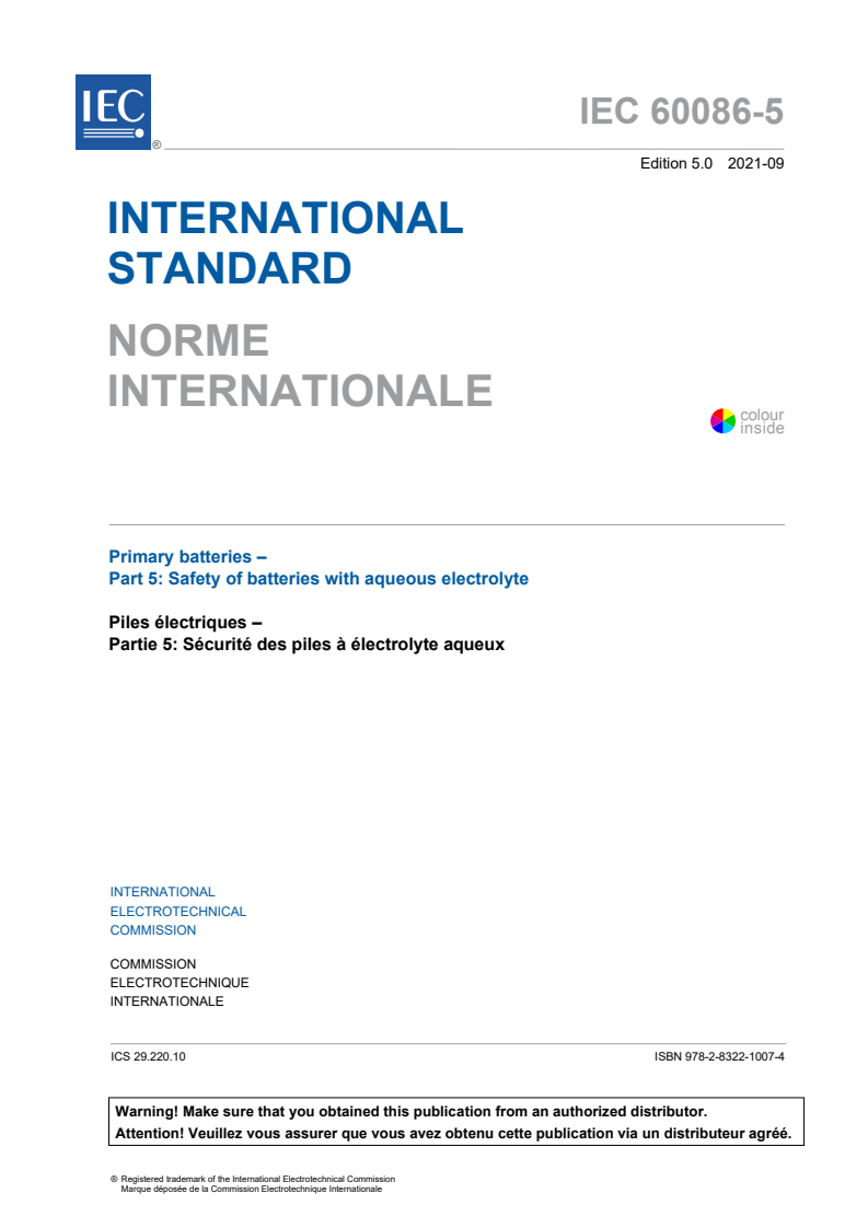 IEC 60086-5:2021 IEC 60086-5:2021 - Primary batteries - Part 5: Safety of batteries with aqueous electrolyte
Released:9/30/2021 - Page 3 preview