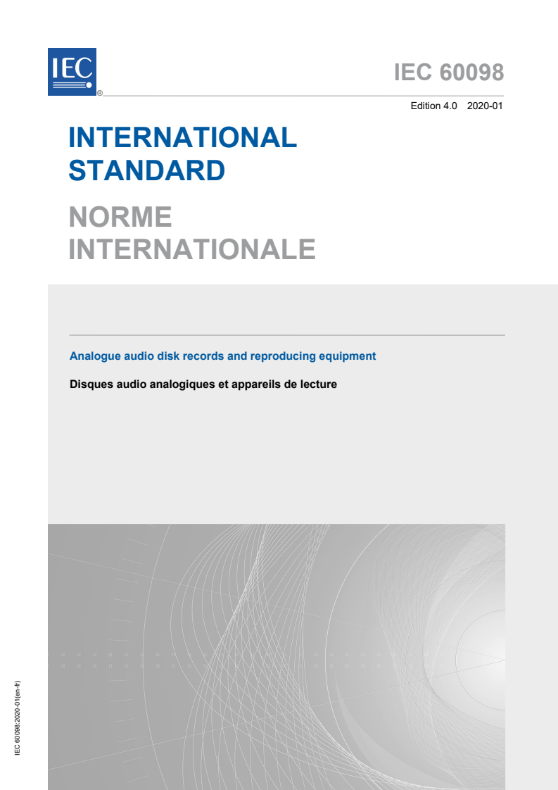 IEC 60098:2020 IEC 60098:2020 - Analogue audio disk records and reproducing equipment
Released:1/10/2020 - Page 1 preview
