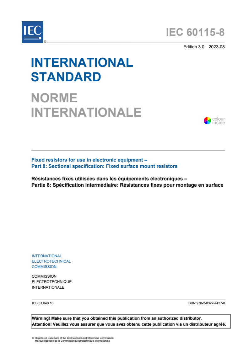 IEC 60115-8:2023 IEC 60115-8:2023 - Fixed resistors for use in electronic equipment - Part 8: Sectional specification: Fixed surface mount resistors
Released:8/25/2023 - Page 3 preview