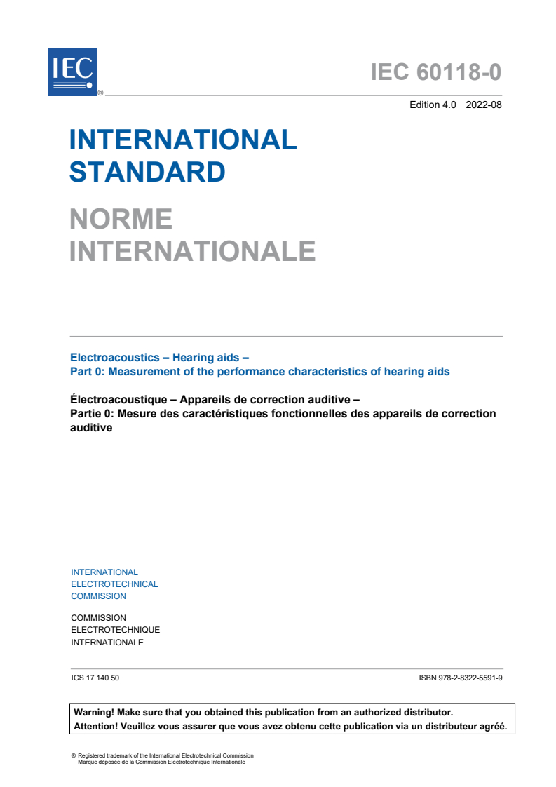 IEC 60118-0:2022 IEC 60118-0:2022 - Electroacoustics - Hearing aids - Part 0: Measurement of the performance characteristics of hearing aids
Released:8/30/2022 - Page 3 preview