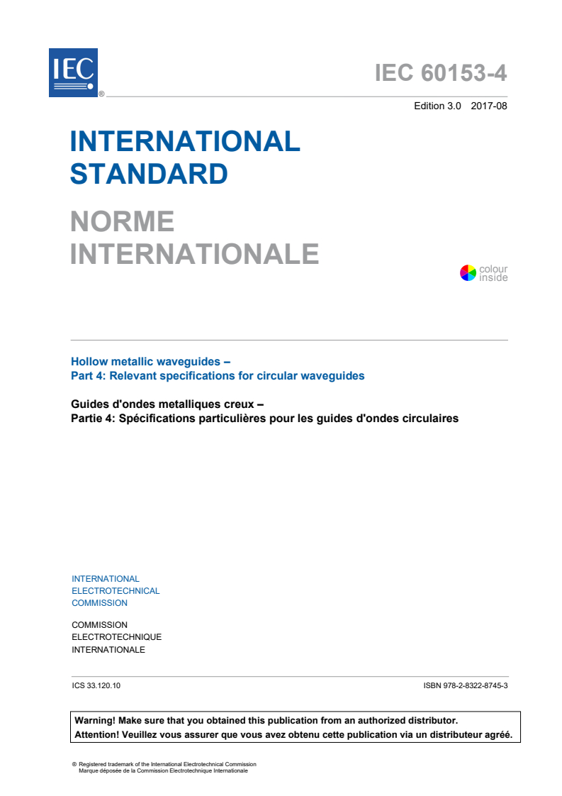 IEC 60153-4:2017 IEC 60153-4:2017 - Hollow metallic waveguides - Part 4: Relevant specifications for circular waveguides
Released:9/17/2020 - Page 3 preview