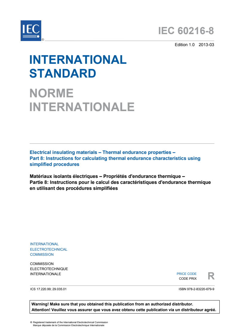 IEC 60216-8:2013 IEC 60216-8:2013 - Electrical insulating materials - Thermal endurance properties - Part 8: Instructions for calculating thermal endurance characteristics using simplified procedures
Released:3/15/2013 - Page 3 preview