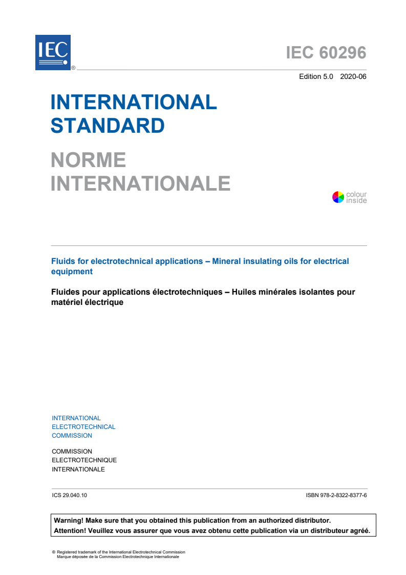 IEC 60296:2020 IEC 60296:2020 - Fluids for electrotechnical applications – Mineral insulating oils for electrical equipment
Released:6/26/2020 - Page 3 preview