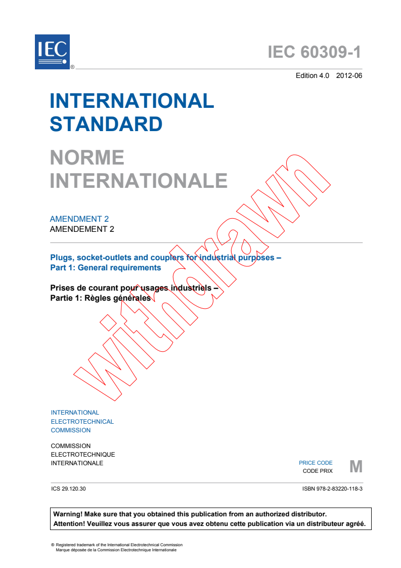 IEC 60309-1:1999/AMD2:2012 IEC 60309-1:1999/AMD2:2012 - Amendment 2 - Plugs, socket-outlets and couplers for industrial purposes - Part 1: General requirements - Page 3 preview