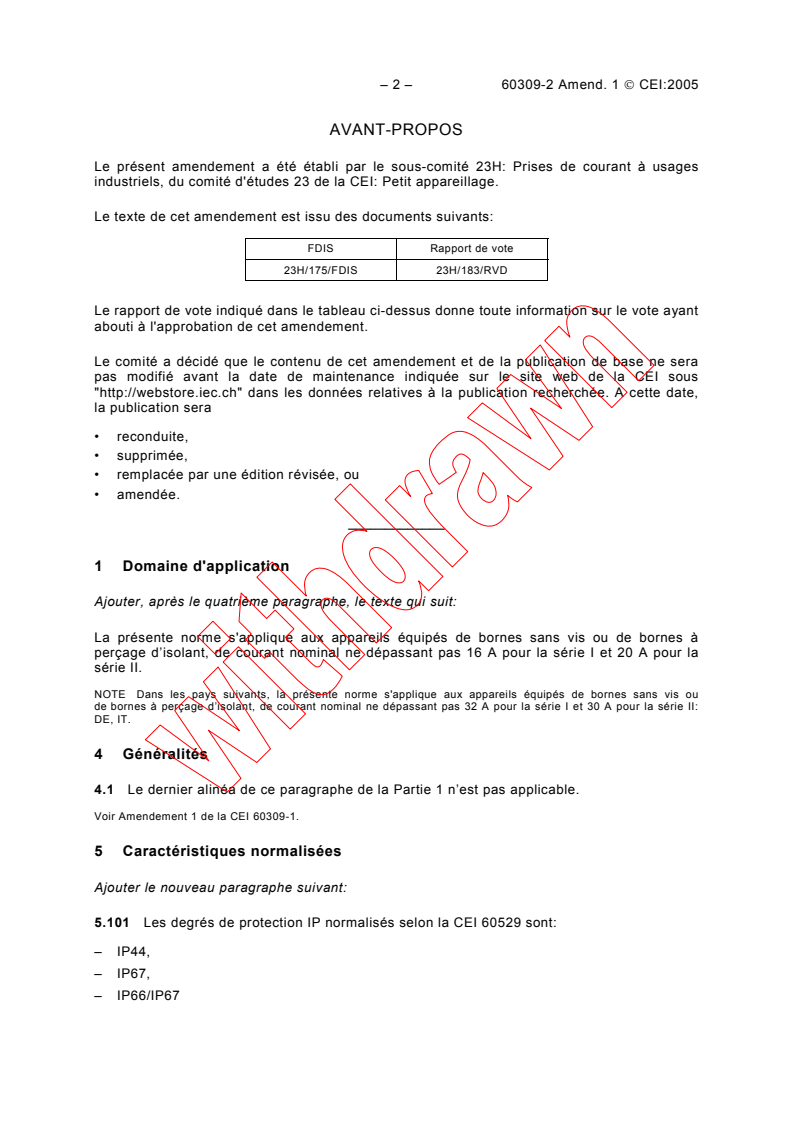 IEC 60309-2:1999/AMD1:2005 IEC 60309-2:1999/AMD1:2005 - Amendment 1 - Plugs, socket-outlets and couplers for industrial purposes - Part 2: Dimensional interchangeability requirements for pin and contact-tube accessories - Page 2 preview