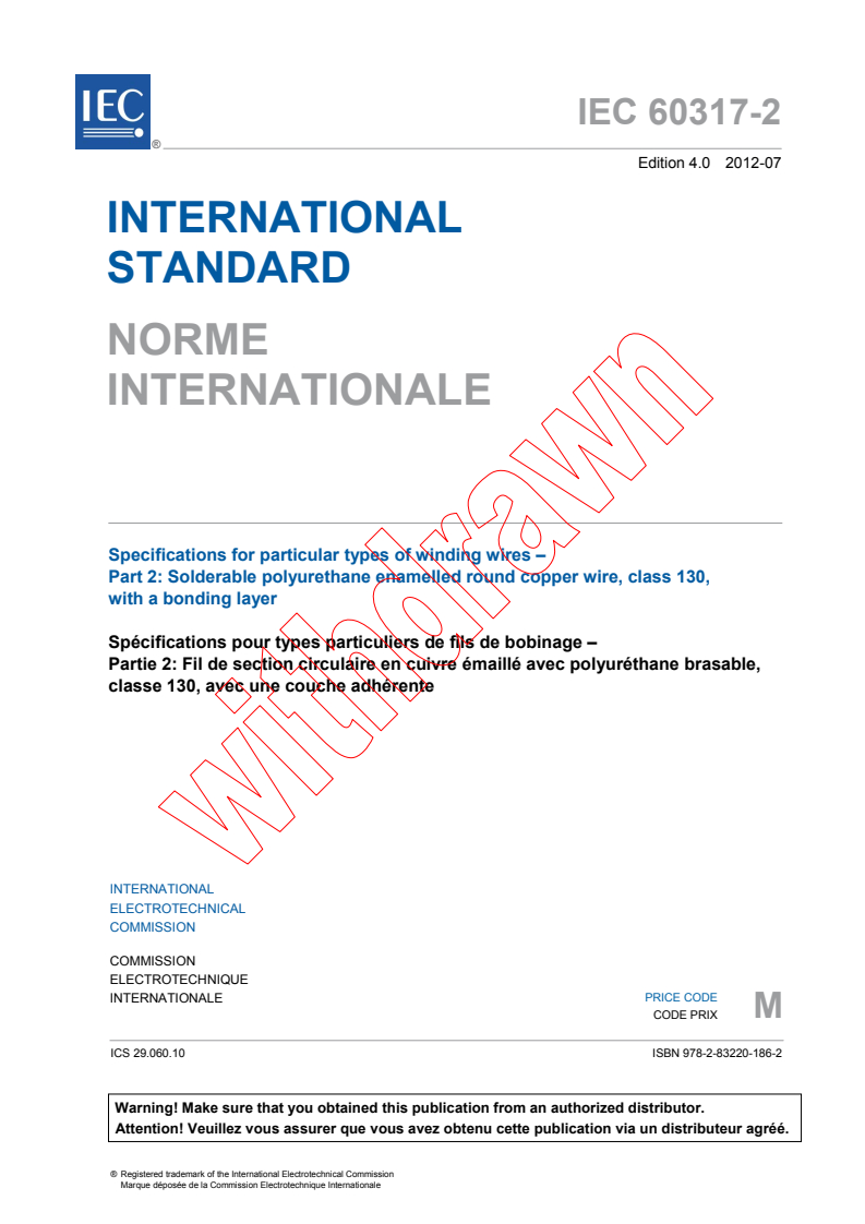 IEC 60317-2:2012 IEC 60317-2:2012 - Specifications for particular types of winding wires - Part 2: Solderable polyurethane enamelled round copper wire, class 130, with a bonding layer
Released:7/12/2012 - Page 3 preview