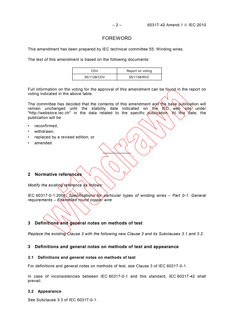 IEC 60317-42:1997/AMD1:2010 IEC 60317-42:1997/AMD1:2010 - Amendment 1 - Specifications for particular types of winding wires - Part 42: Polyester-amide-imide enamelled round copper wire, class 200 - Page 4 preview
