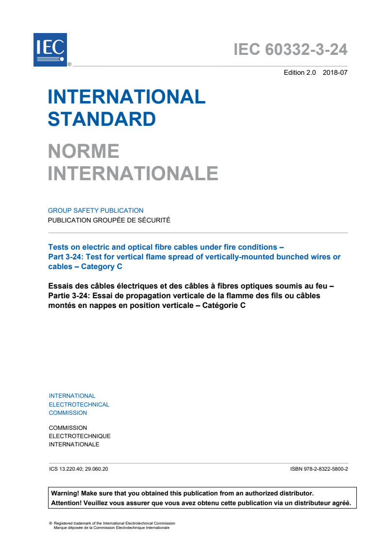 IEC 60332-3-24:2018 IEC 60332-3-24:2018 - Tests on electric and optical fibre cables under fire conditions - Part 3-24: Test for vertical flame spread of vertically-mounted bunched wires or cables - Category C
Released:7/13/2018 - Page 3 preview
