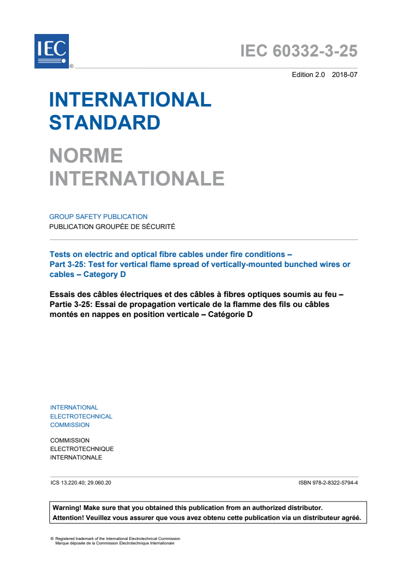 IEC 60332-3-25:2018 IEC 60332-3-25:2018 - Tests on electric and optical fibre cables under fire conditions - Part 3-25: Test for vertical flame spread of vertically-mounted bunched wires or cables - Category D
Released:7/13/2018 - Page 3 preview