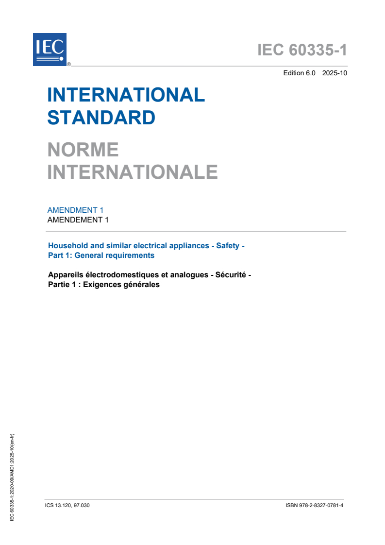 IEC 60335-1:2020/AMD1:2025 - Amendment 1 - Household and similar electrical appliances - Safety - Part 1: General requirements
Released:31. 10. 2025
Isbn:9782832707814