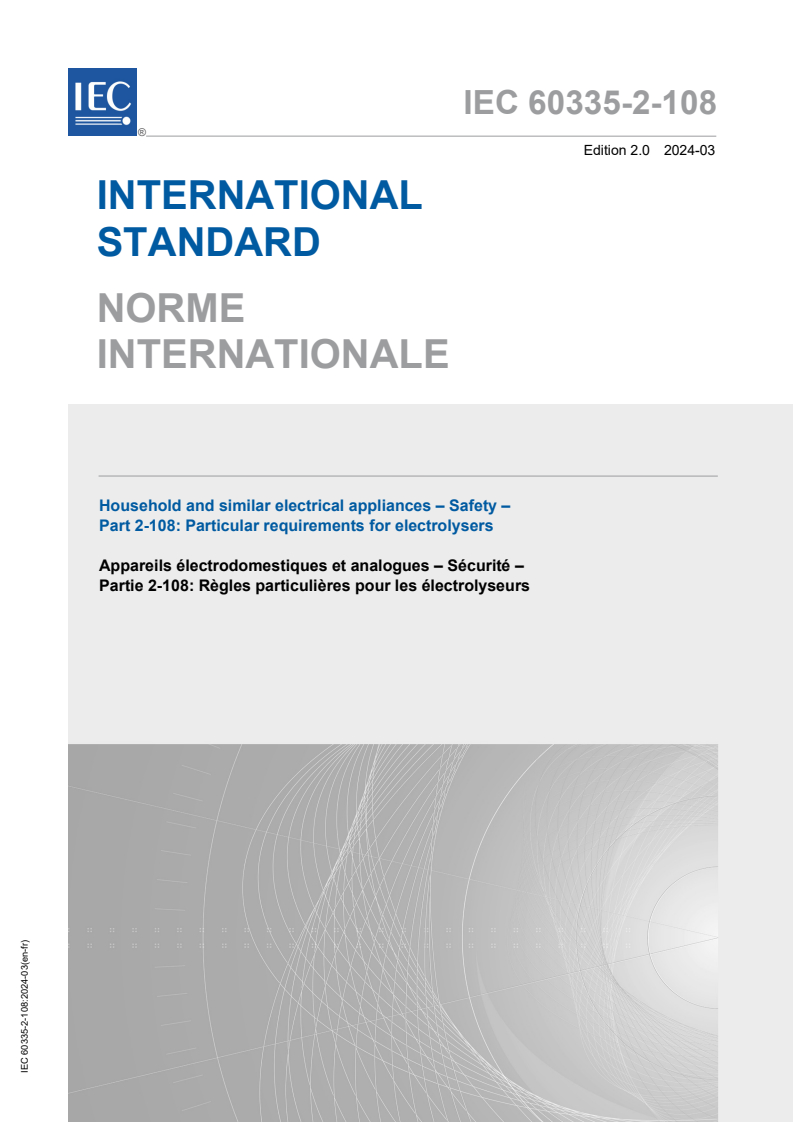 IEC 60335-2-108:2024 IEC 60335-2-108:2024 - Household and similar electrical appliances - Safety - Part 2-108: Particular requirements for electrolysers
Released:3/22/2024 - Page 1 preview