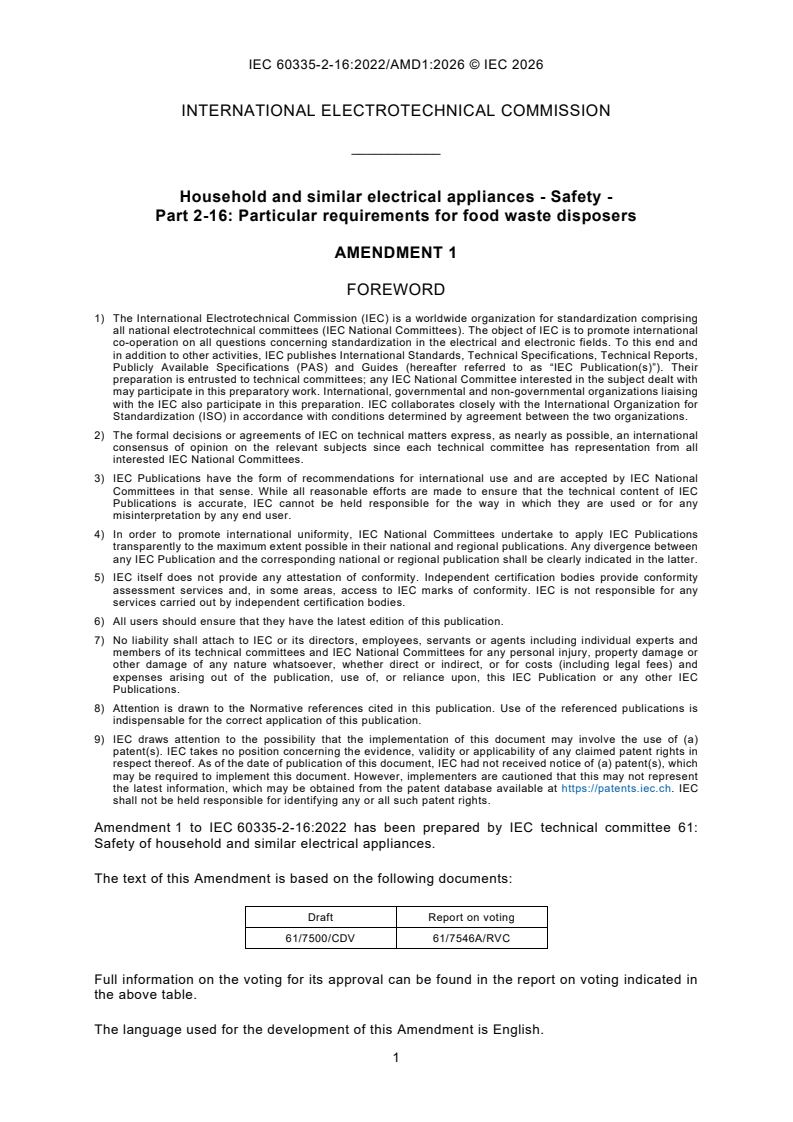 IEC 60335-2-16:2022/AMD1:2026 IEC 60335-2-16:2022/AMD1:2026 - Amendment 1 - Household and similar electrical appliances - Safety - Part 2-16: Particular requirements for food waste disposers - Page 3 preview