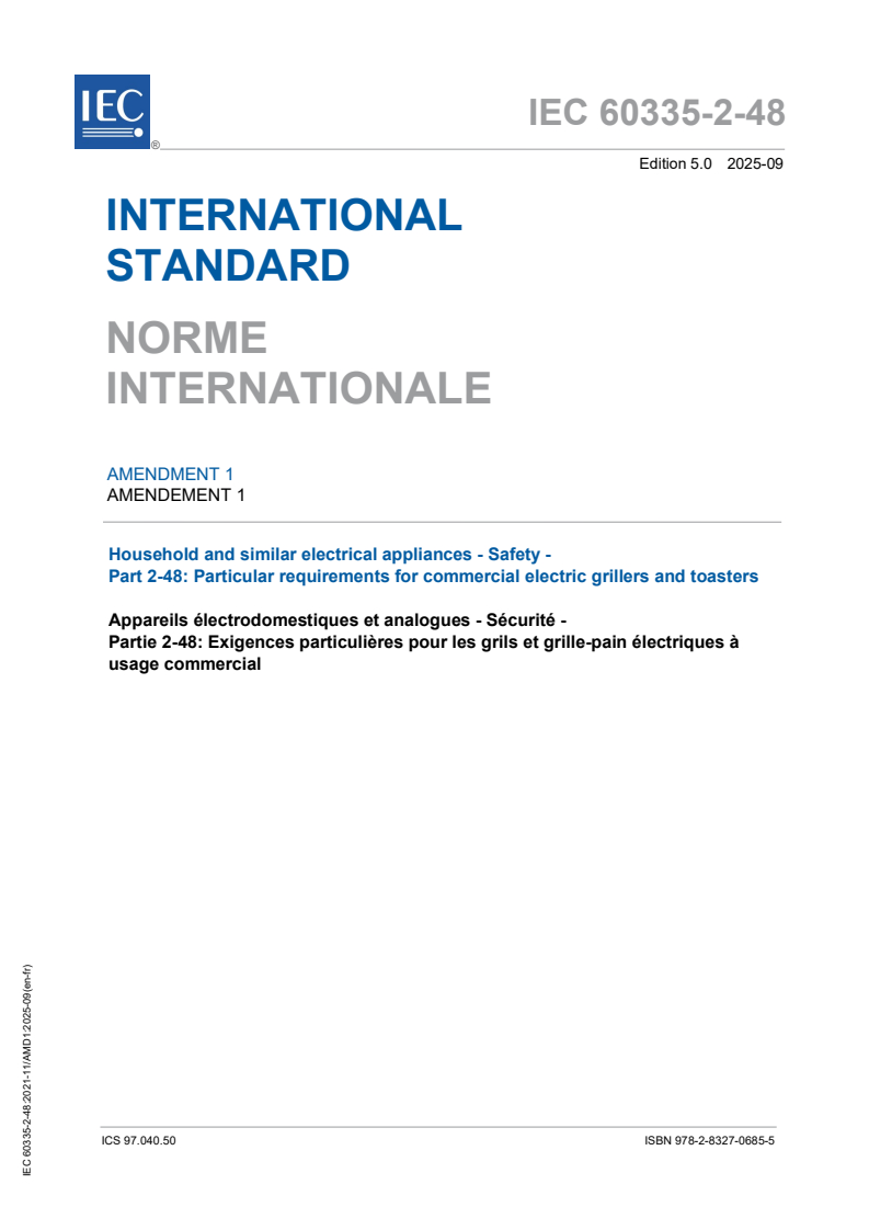 IEC 60335-2-48:2021/AMD1:2025 IEC 60335-2-48:2021/AMD1:2025 - Amendment 1 - Household and similar electrical appliances - Safety - Part 2-48: Particular requirements for commercial electric grillers and toasters
Released:17. 09. 2025
Isbn:9782832706855