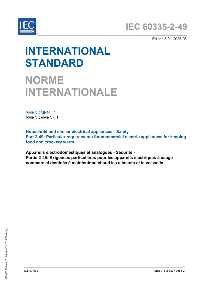 IEC 60335-2-49:2021/AMD1:2025 IEC 60335-2-49:2021/AMD1:2025 - Amendment 1 - Household and similar electrical appliances - Safety - Part 2-49: Particular requirements for commercial electric appliances for keeping food and crockery warm
Released:29. 08. 2025
Isbn:9782832706862