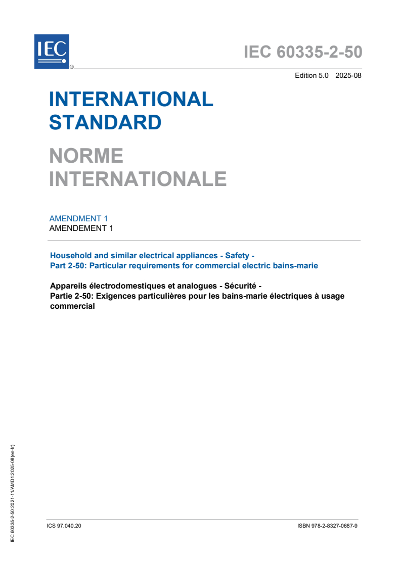 IEC 60335-2-50:2021/AMD1:2025 IEC 60335-2-50:2021/AMD1:2025 - Amendment 1 - Household and similar electrical appliances - Safety - Part 2-50: Particular requirements for commercial electric bains-marie
Released:29. 08. 2025
Isbn:9782832706879