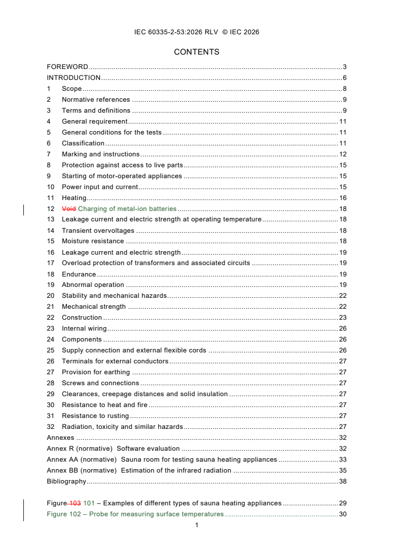 IEC 60335-2-53:2026 REDLINE IEC 60335-2-53:2026 RLV - Household and similar electrical appliances - Safety - Part 2-53: Particular requirements for sauna heating appliances and infrared cabins - Page 3 preview