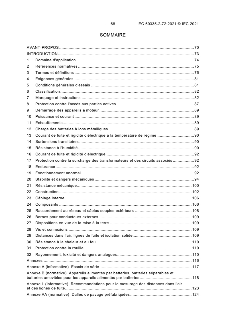 IEC 60335-2-72:2021 iec60335-2-72{ed5.0}fr - Appareils électrodomestiques et analogues - Sécurité - Partie 2-72: Exigences particulières pour les machines de traitement des sols avec ou sans commande de dispositif de déplacement, à usage commercial - Page 3 preview