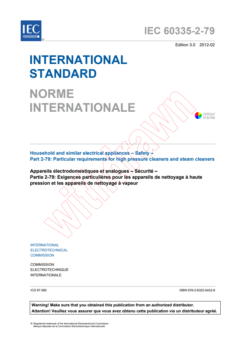 IEC 60335-2-79:2012 IEC 60335-2-79:2012 - Household and similar electrical appliances - Safety - Part 2-79: Particular requirements for high pressure cleaners and steam cleaners
Released:2/28/2012 - Page 3 preview