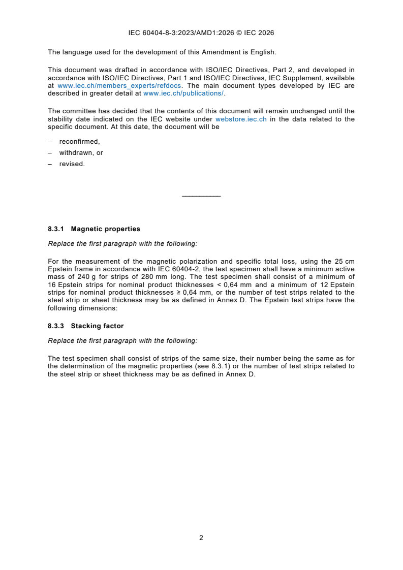 IEC 60404-8-3:2023/AMD1:2026 IEC 60404-8-3:2023/AMD1:2026 - Amendment 1 - Magnetic materials - Part 8‑3: Specifications for individual materials - Cold-rolled non-oriented electrical steel strip and sheet delivered in the semi-processed state - Page 4 preview