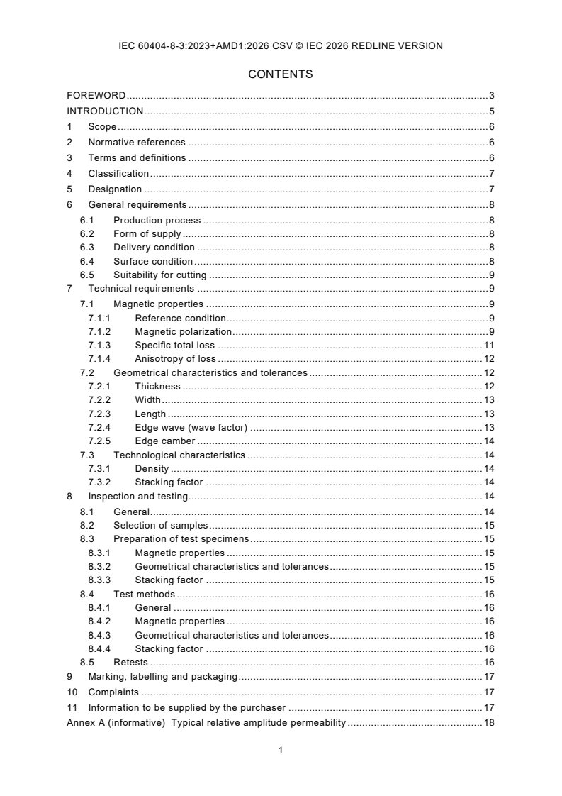 IEC 60404-8-3:2023 IEC 60404-8-3:2023+AMD1:2026 CSV - Magnetic materials - Part 8‑3: Specifications for individual materials - Cold-rolled non-oriented electrical steel strip and sheet delivered in the semi-processed state - Page 3 preview