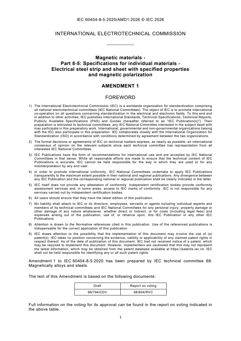IEC 60404-8-5:2020/AMD1:2026 IEC 60404-8-5:2020/AMD1:2026 - Amendment 1 - Magnetic materials - Part 8‑5: Specifications for individual materials - Electrical steel strip and sheet with specified properties and magnetic polarization - Page 3 preview