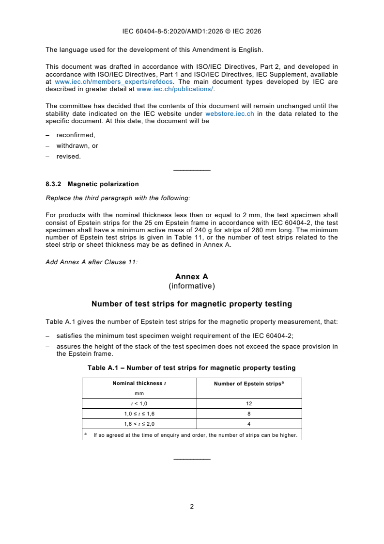 IEC 60404-8-5:2020/AMD1:2026 IEC 60404-8-5:2020/AMD1:2026 - Amendment 1 - Magnetic materials - Part 8‑5: Specifications for individual materials - Electrical steel strip and sheet with specified properties and magnetic polarization - Page 4 preview