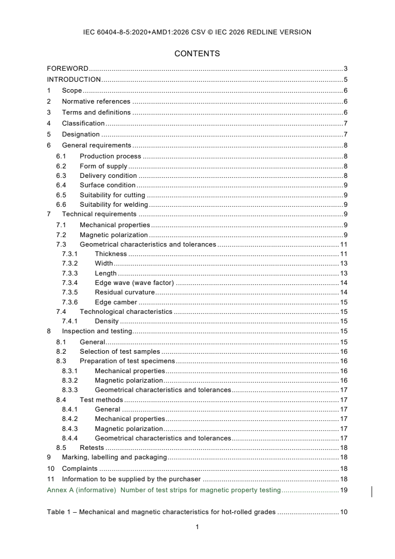 IEC 60404-8-5:2020 IEC 60404-8-5:2020+AMD1:2026 CSV - Magnetic materials - Part 8‑5: Specifications for individual materials - Electrical steel strip and sheet with specified properties and magnetic polarization - Page 3 preview