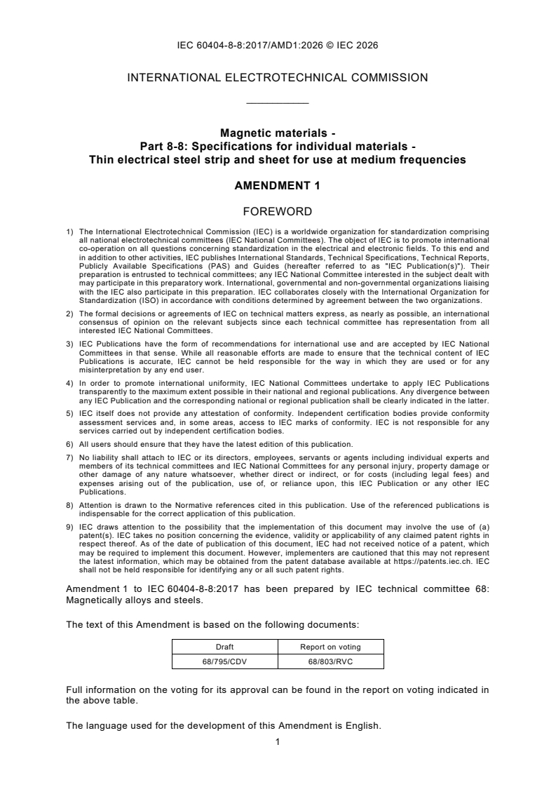 IEC 60404-8-8:2017/AMD1:2026 IEC 60404-8-8:2017/AMD1:2026 - Amendment 1 - Magnetic materials - Part 8-8: Specifications for individual materials - Thin electrical steel strip and sheet for use at medium frequencies - Page 3 preview