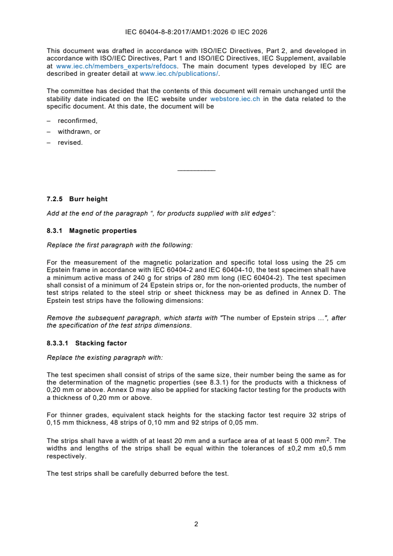 IEC 60404-8-8:2017/AMD1:2026 IEC 60404-8-8:2017/AMD1:2026 - Amendment 1 - Magnetic materials - Part 8-8: Specifications for individual materials - Thin electrical steel strip and sheet for use at medium frequencies - Page 4 preview