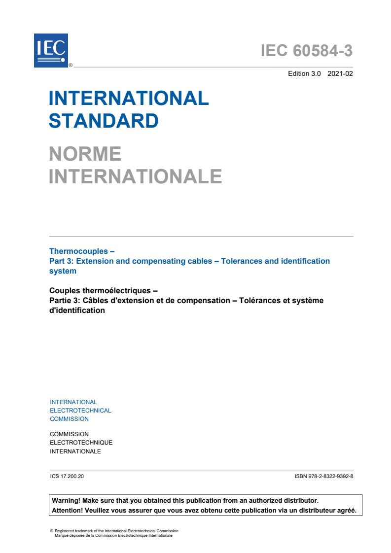 IEC 60584-3:2021 IEC 60584-3:2021 - Thermocouples - Part 3: Extension and compensating cables - Tolerances and identification system
Released:2/16/2021 - Page 3 preview