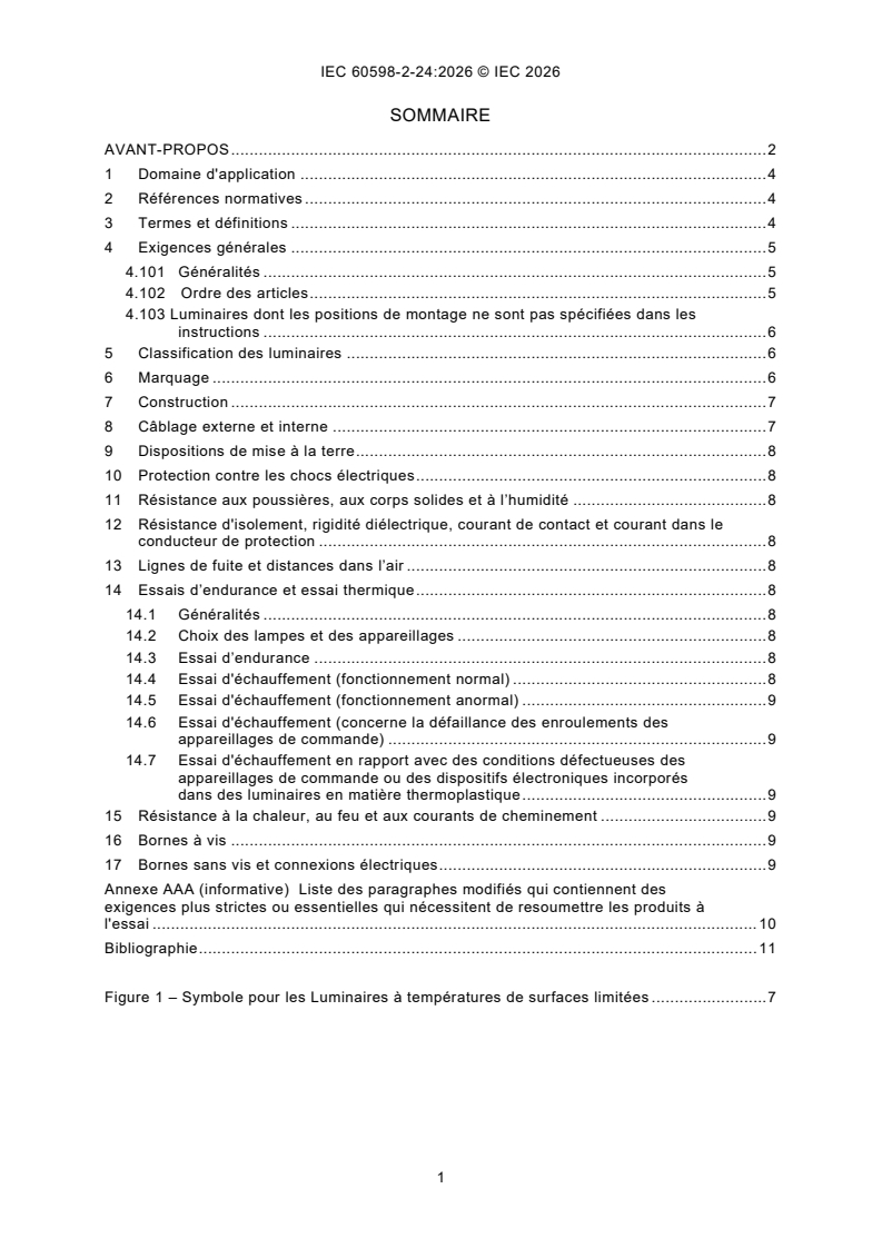 IEC 60598-2-24:2026 IEC 60598-2-24:2026 - Luminaires - Partie 2-24: Exigences particulières - Luminaires à températures de surfaces limitées - Page 3 preview