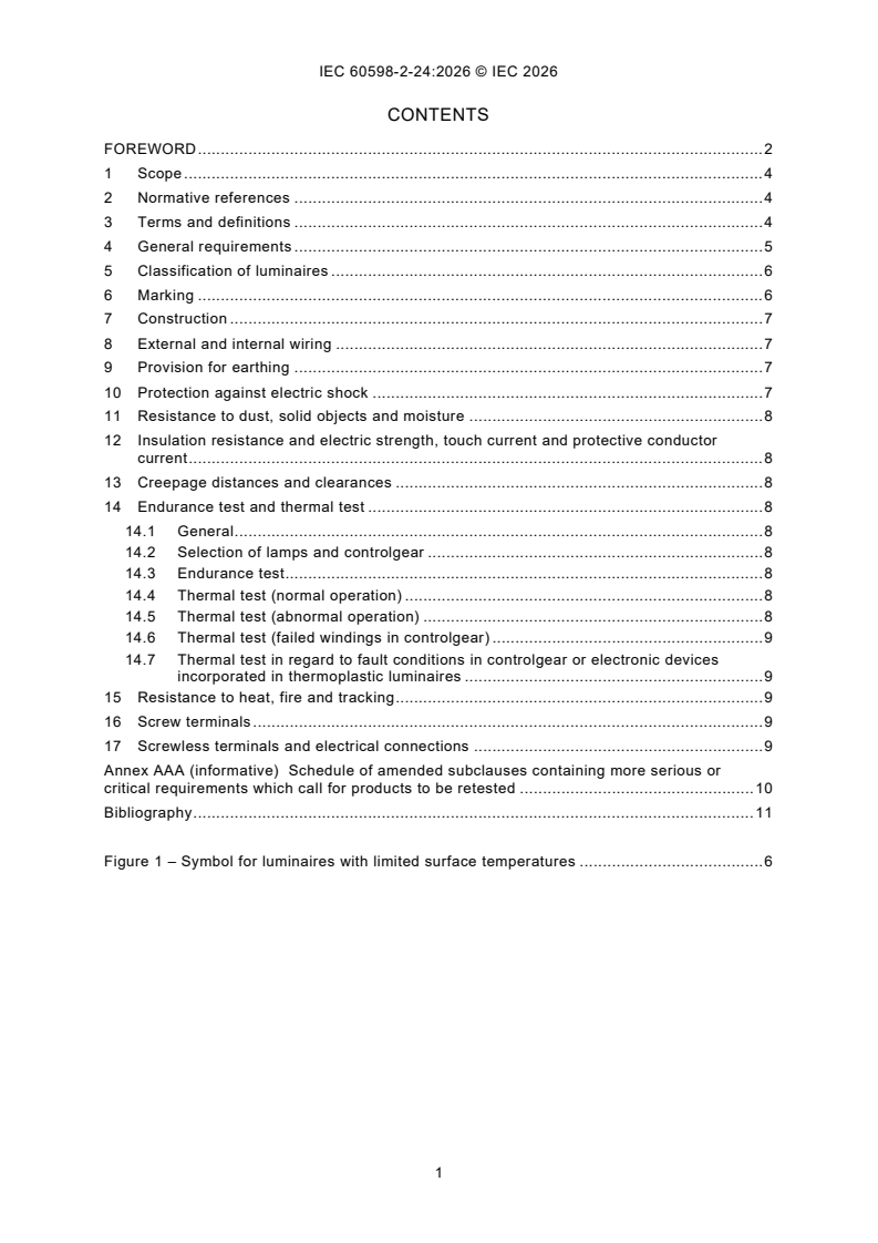 IEC 60598-2-24:2026 IEC 60598-2-24:2026 - Luminaires - Part 2-24: Particular requirements - Luminaires with limited surface temperatures - Page 3 preview