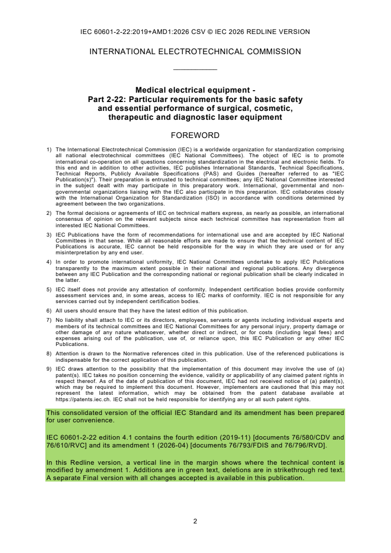 IEC 60601-2-22:2019 IEC 60601-2-22:2019+AMD1:2026 CSV - Medical electrical equipment - Part 2-22: Particular requirements for basic safety and essential performance of surgical, cosmetic, therapeutic and diagnostic laser equipment - Page 4 preview