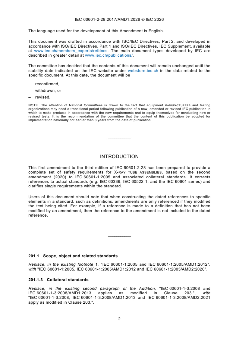IEC 60601-2-28:2017/AMD1:2026 iec60601-2-28-amd1{ed3.0}en - Amendment 1 - Medical electrical equipment - Part 2-28: Particular requirements for the basic safety and essential performance of X-ray tube assemblies for medical diagnosis - Page 4 preview