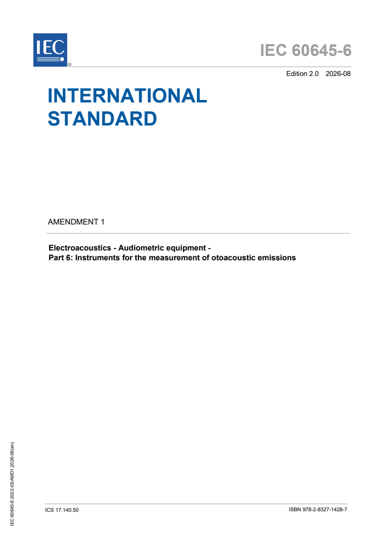 IEC 60645-6:2022/AMD1:2026 iec60645-6-amd1{ed2.0}en - Amendment 1 - Electroacoustics - Audiometric equipment - Part 6: Instruments for the measurement of otoacoustic emissions - Page 1 preview