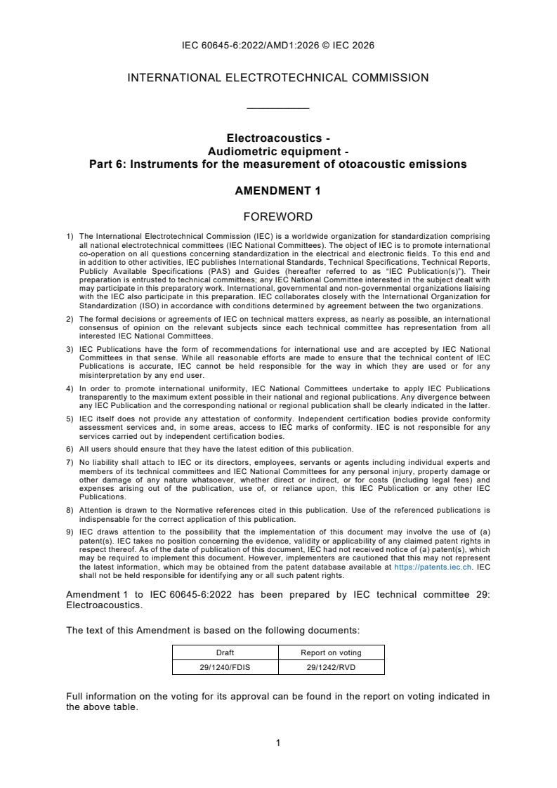 IEC 60645-6:2022/AMD1:2026 iec60645-6-amd1{ed2.0}en - Amendment 1 - Electroacoustics - Audiometric equipment - Part 6: Instruments for the measurement of otoacoustic emissions - Page 3 preview