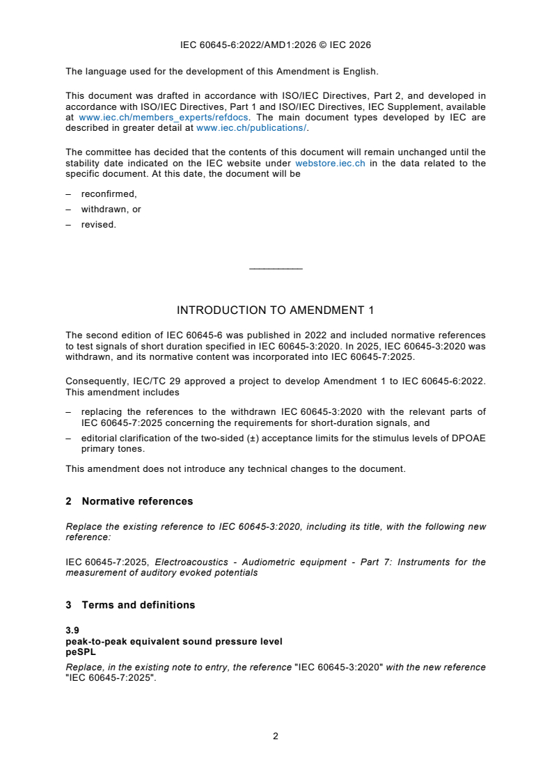 IEC 60645-6:2022/AMD1:2026 iec60645-6-amd1{ed2.0}en - Amendment 1 - Electroacoustics - Audiometric equipment - Part 6: Instruments for the measurement of otoacoustic emissions - Page 4 preview