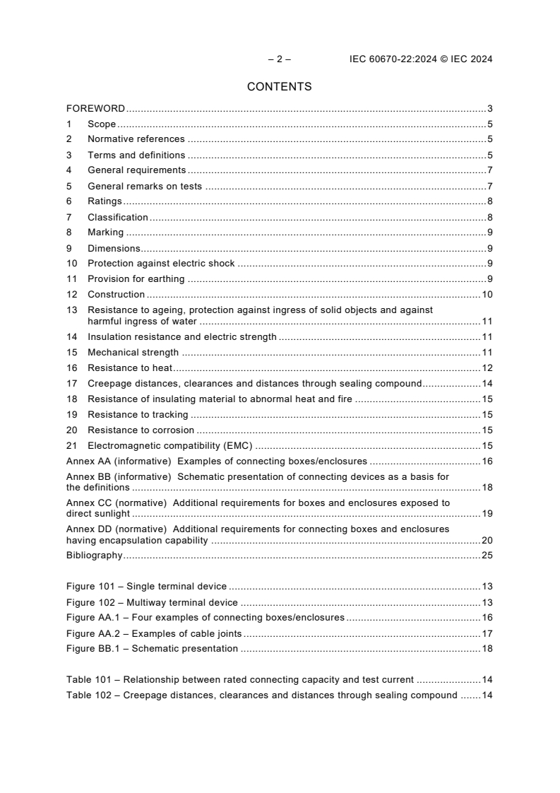 IEC 60670-22:2024 IEC 60670-22:2024 - Boxes and enclosures for electrical accessories for household and similar fixed electrical installations - Part 22: Particular requirements for connecting boxes and enclosures
Released:12/18/2024
Isbn:9782832700464 - Page 4 preview