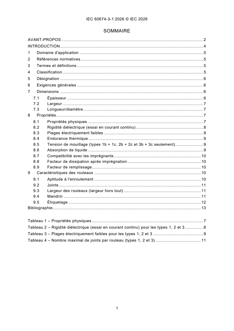 IEC 60674-3-1:2026 iec60674-3-1{ed3.0}fr - Films plastiques à usages électriques - Partie 3: Spécifications pour matériaux particuliers - Feuille 1: Films de polypropylène biorienté (PP) pour condensateurs - Page 3 preview