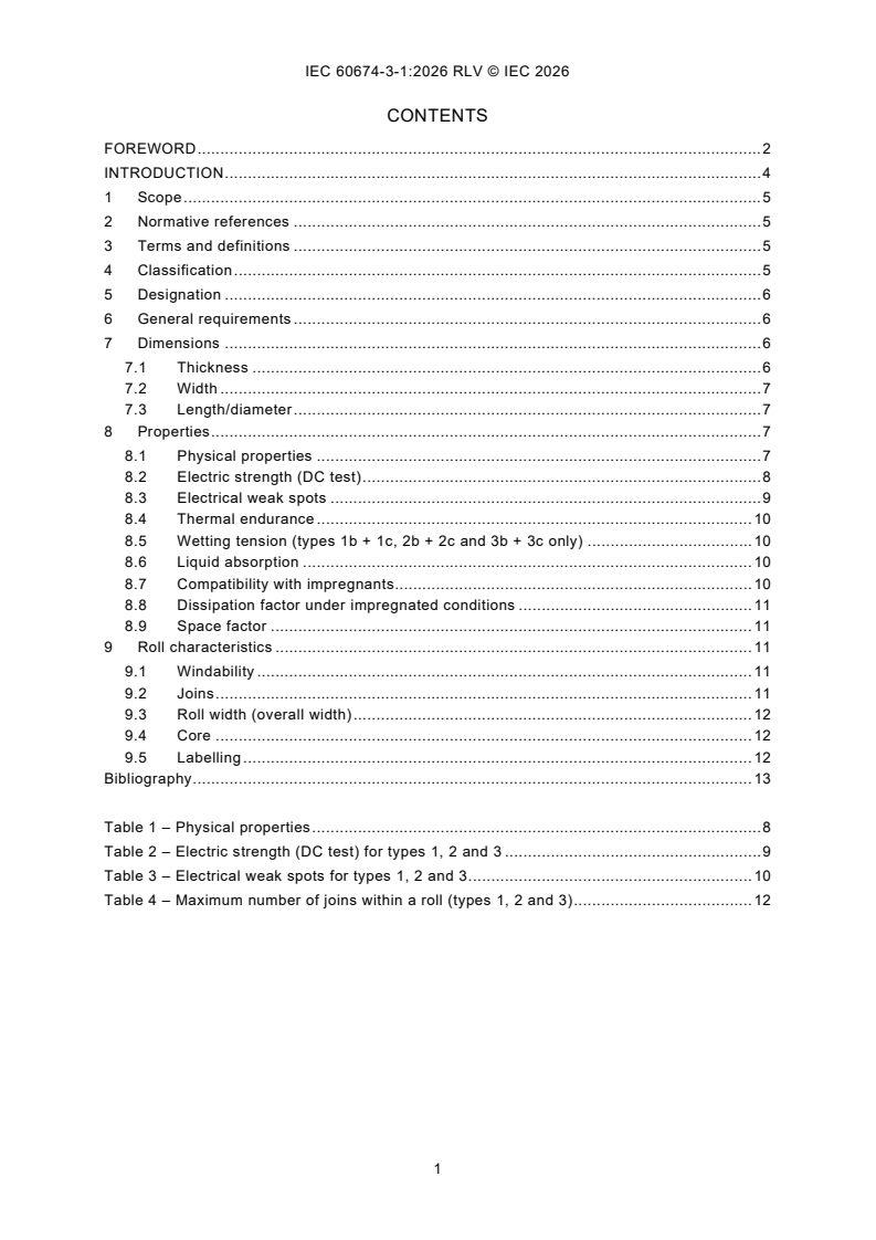 IEC 60674-3-1:2026 REDLINE IEC 60674-3-1:2026 RLV - Plastic films for electrical purposes - Part 3: Specifications for individual materials - Sheet 1: Biaxially oriented polypropylene (PP) films for capacitors - Page 3 preview