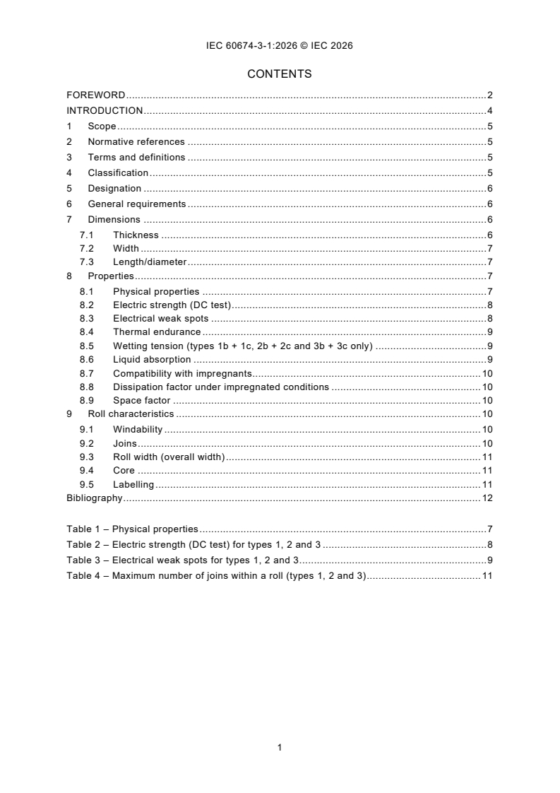 IEC 60674-3-1:2026 iec60674-3-1{ed3.0}en - Plastic films for electrical purposes - Part 3: Specifications for individual materials - Sheet 1: Biaxially oriented polypropylene (PP) films for capacitors - Page 3 preview