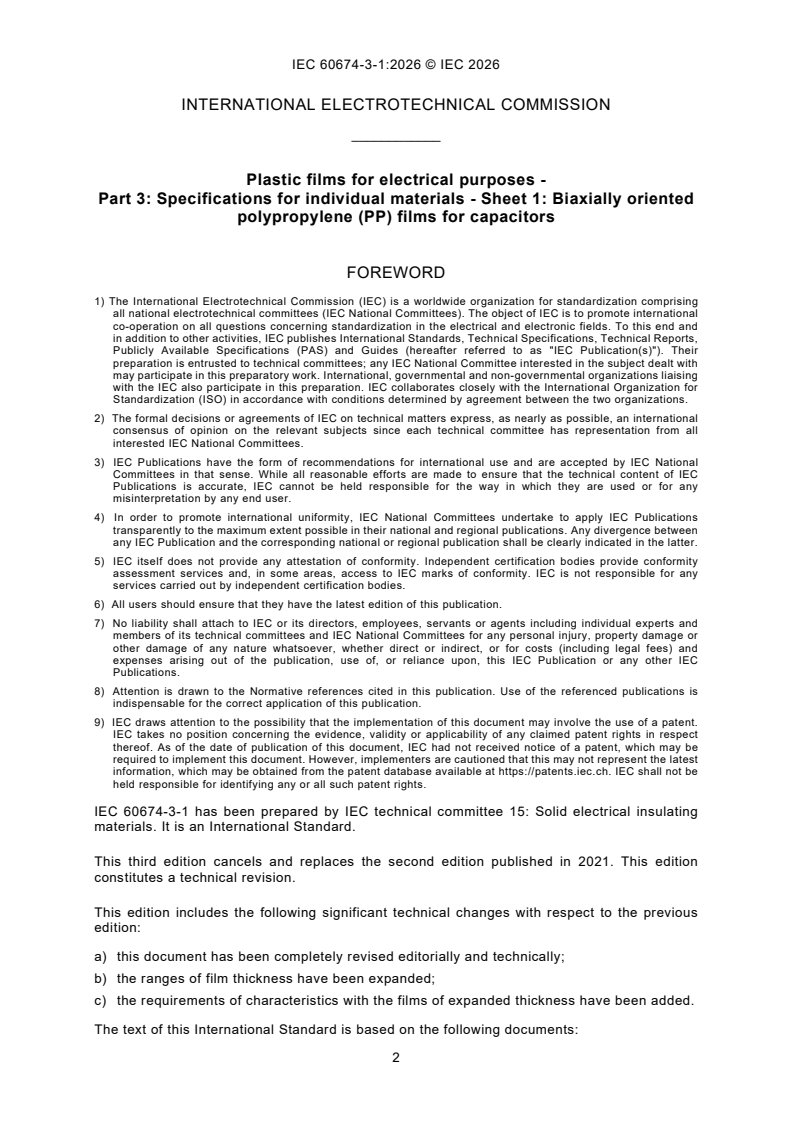 IEC 60674-3-1:2026 iec60674-3-1{ed3.0}en - Plastic films for electrical purposes - Part 3: Specifications for individual materials - Sheet 1: Biaxially oriented polypropylene (PP) films for capacitors - Page 4 preview